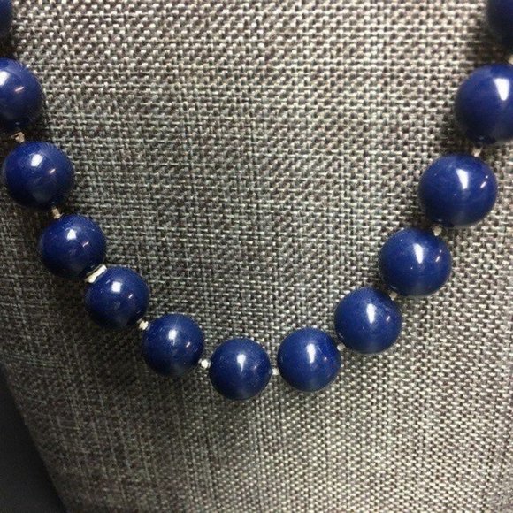 Round Bead Necklace As Is Dark Blue Silver Hook Retro Classic - Picture 2 of 7